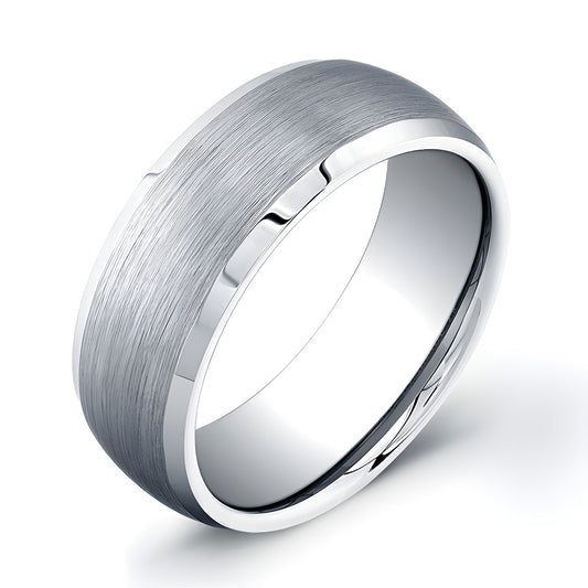 8mm Tungsten Carbide domed wedding band with a matte center and polished beveled edges