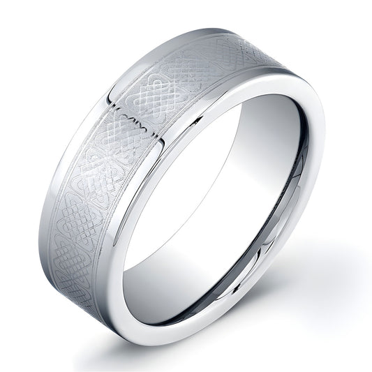 8mm Tungsten Carbide ring with a flat matte top and intricate engraved knot pattern