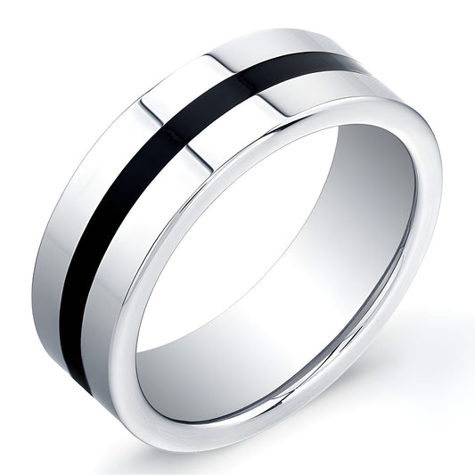 8mm Tungsten Carbide ring with a flat top and black enamel inlay