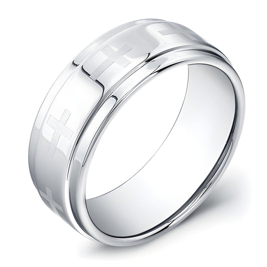 9mm Tungsten Carbide ring with laser engraved crosses and a stepped outer edge