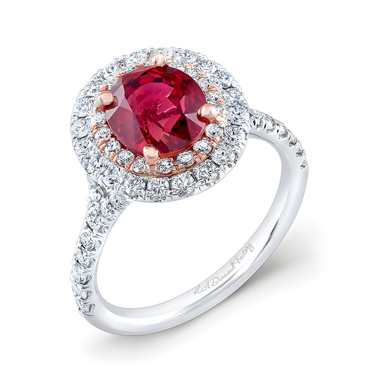 Double Halo Engagement Ring with Ruby Center