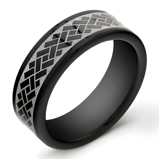 8mm Black Tungsten Carbide ring with laser engraved design