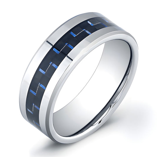 8mm Tungsten Carbide ring with black/blue carbon inlay