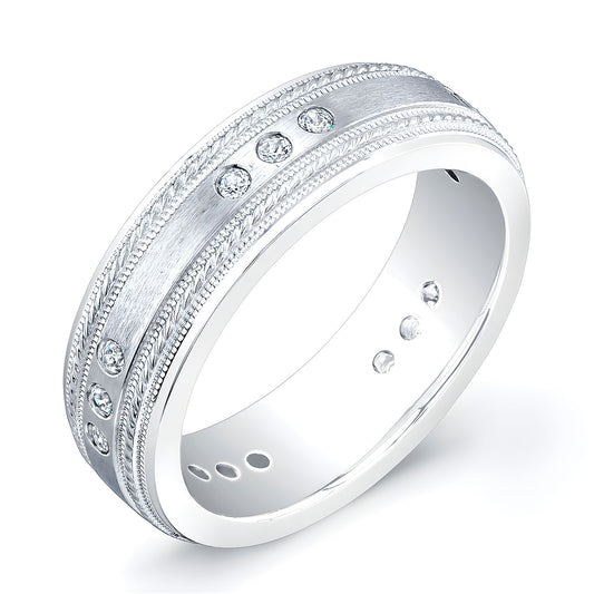 6mm Hand Engraved Multiple Diamond Men's Wedding Band