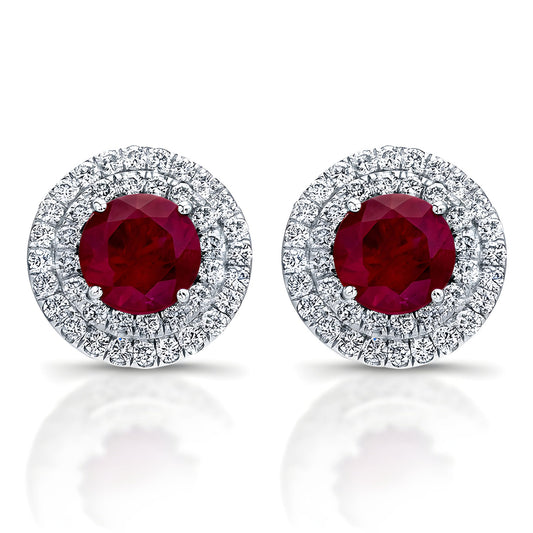 Double Halo Diamond Earrings With Ruby Centers (1ctw)