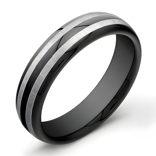 6mm Black Tungsten Carbide ring with 2 matte stripes