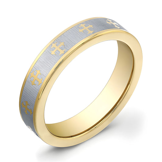 5mm Tungsten Carbide ring with gold plated edges and a gold plated cross design