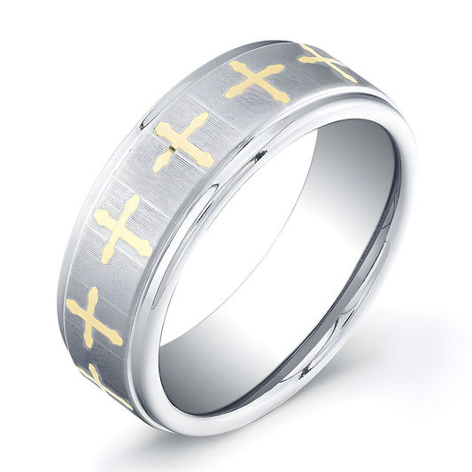 8mm Tungsten Carbide ring with a flat matte top and gold plated crosses