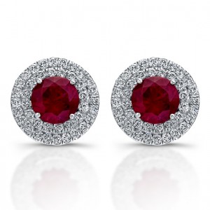 Double Halo Diamond Earrings With Ruby Centers (1ctw)